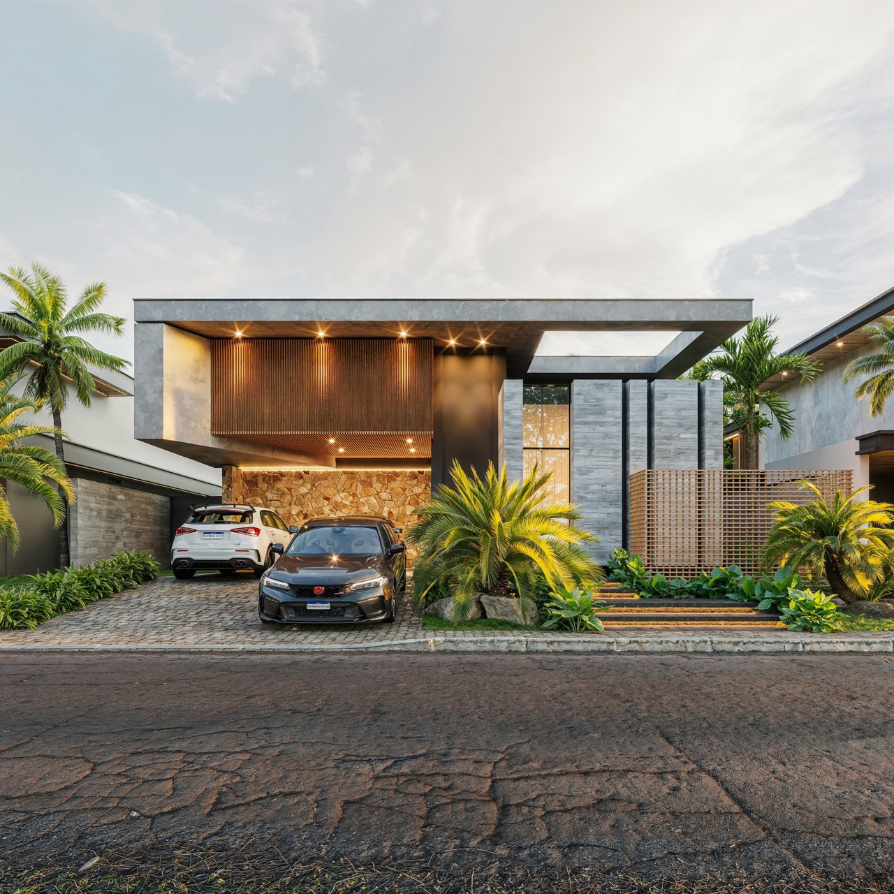 Render da fachada da residência ao entardecer