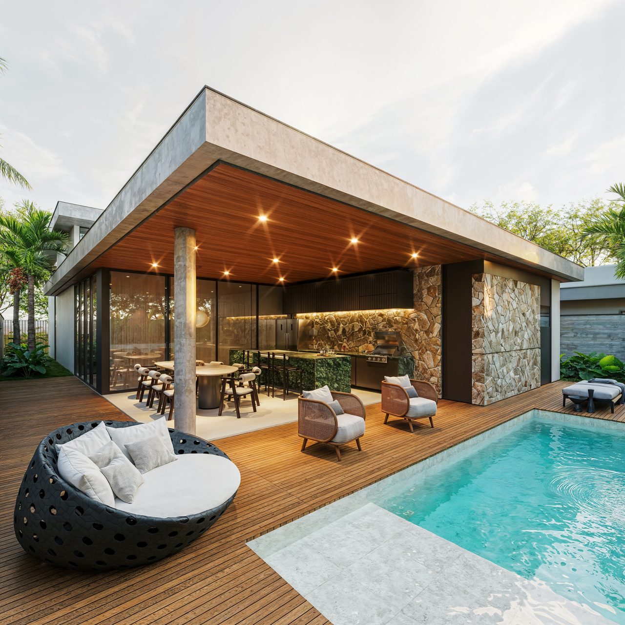 Render da área gourmet e deck com piscina