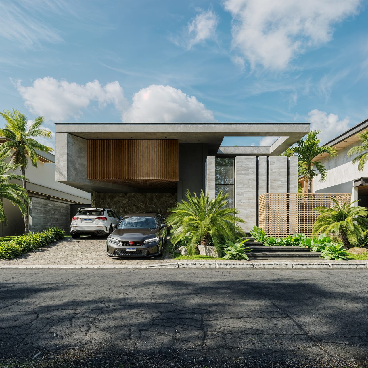Render da fachada da residência durante o dia