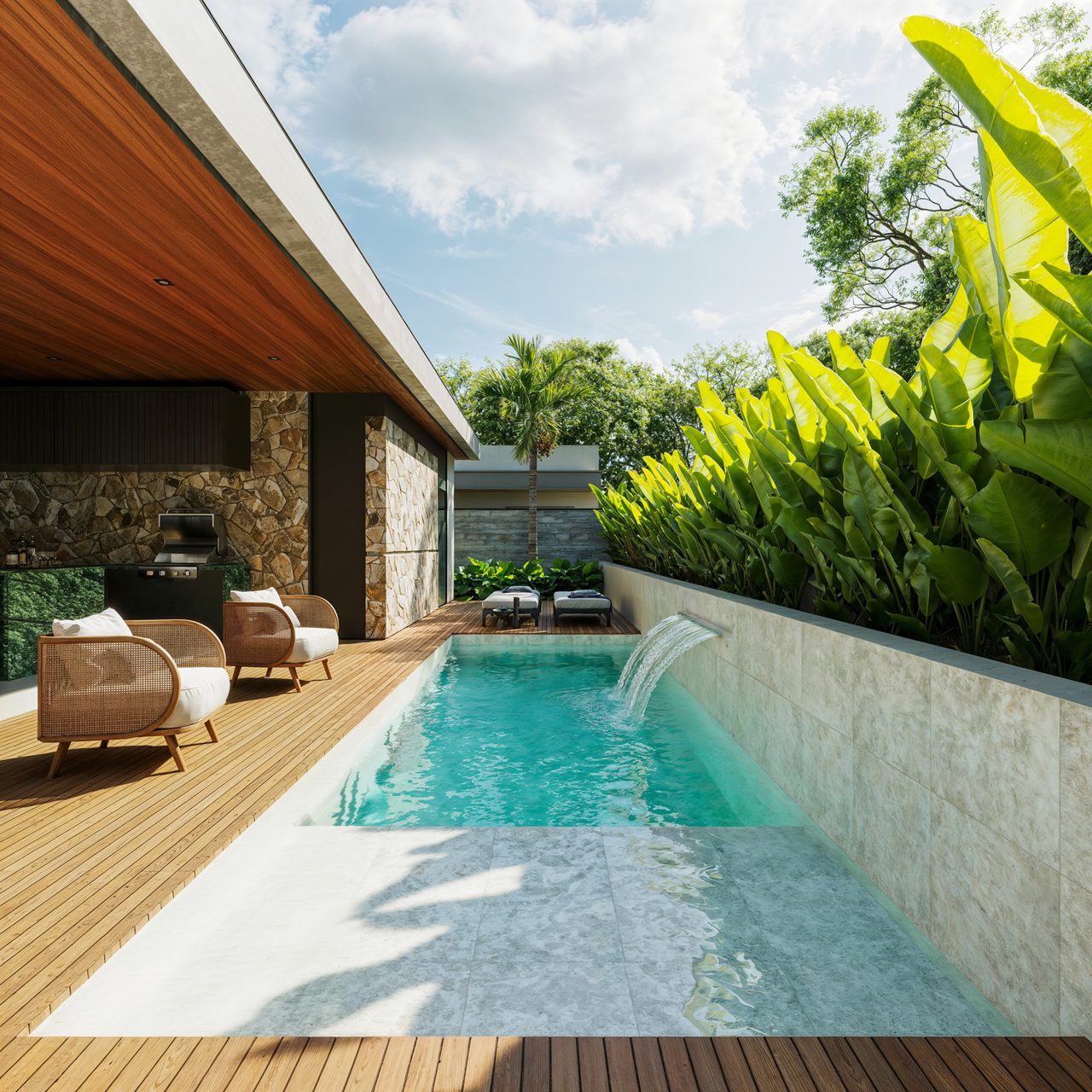 Render da piscina com cascata e paisagismo