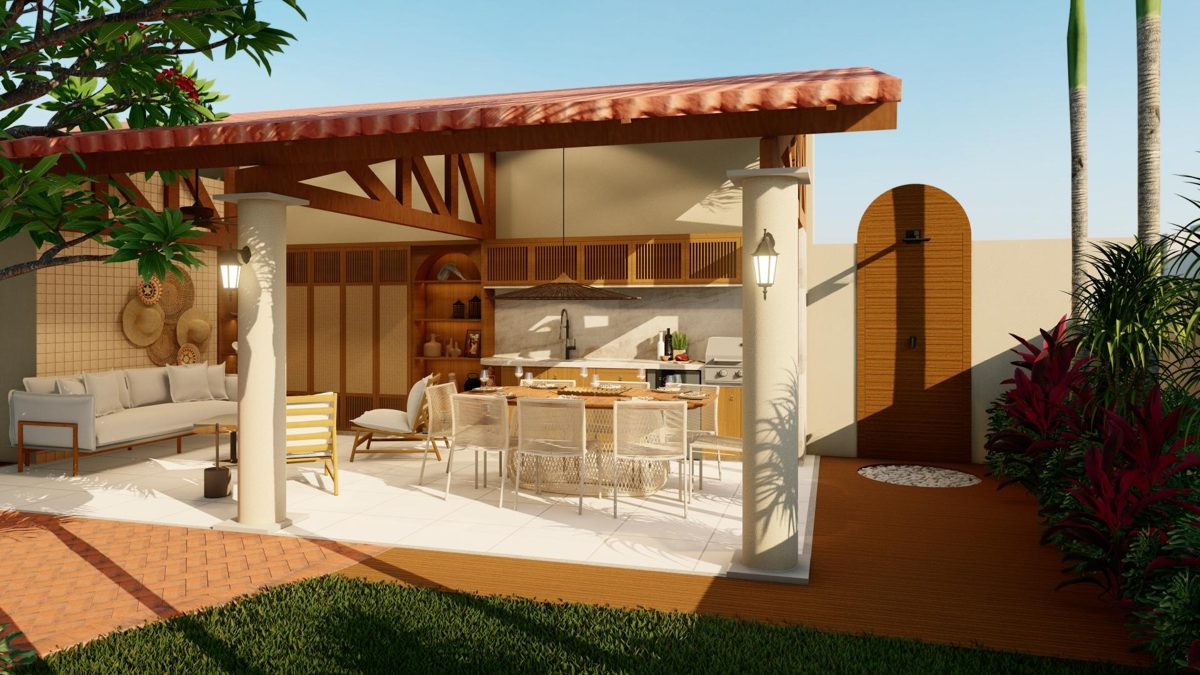 Render da varanda gourmet com estrutura em madeira