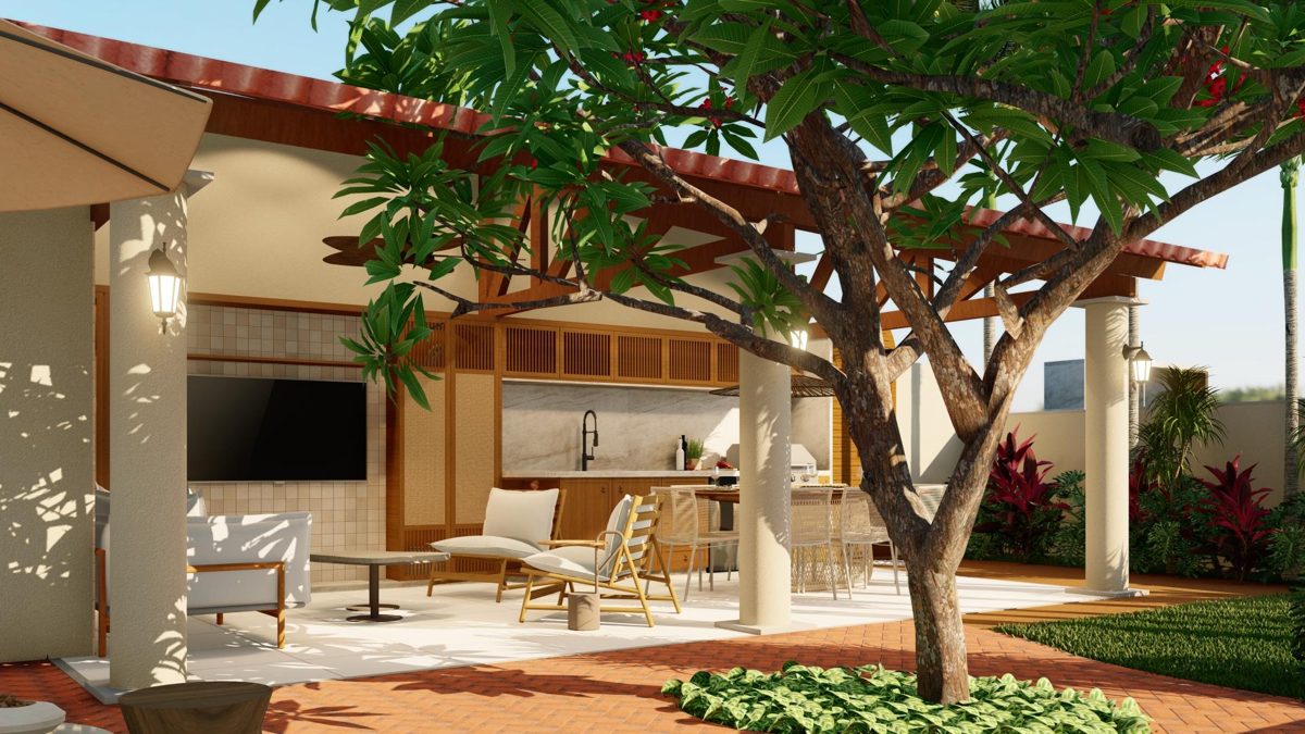 Render da varanda integrada ao paisagismo
