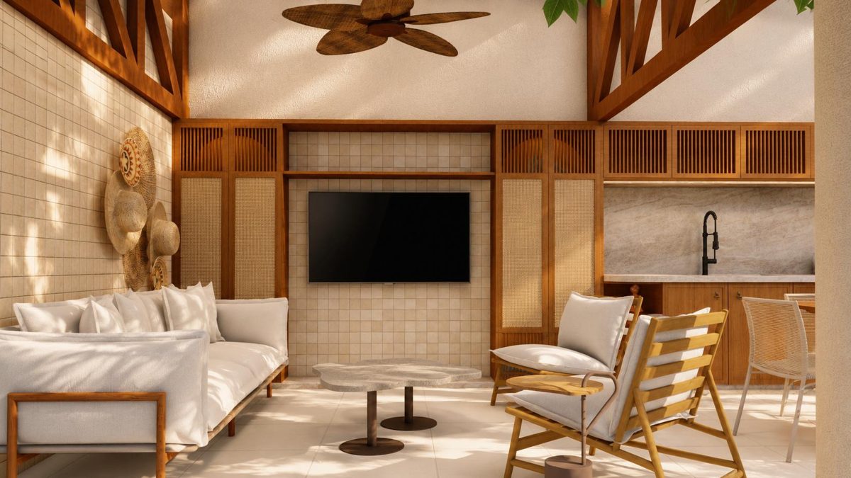 Render do estar externo com marcenaria e palhinha